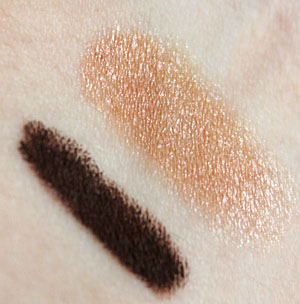 Tarte brown smoldereyes swatch and pink champagne emphaseyes swatch