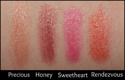 Revlon Just Bitten Kissable Lip Balm Stain in Honey, Precious, Sweetheart and Rendezvous swatches
