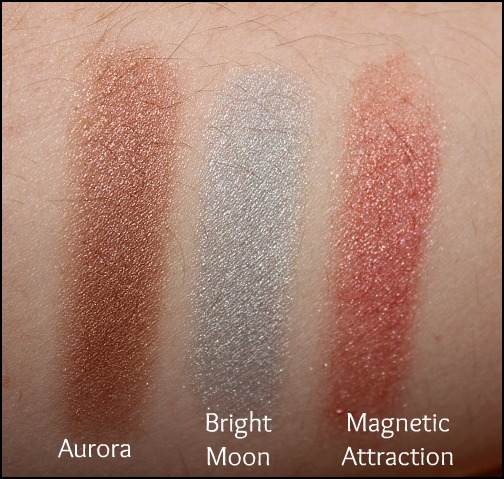 MAC aurora, bright moon, magnetic attraction swatches