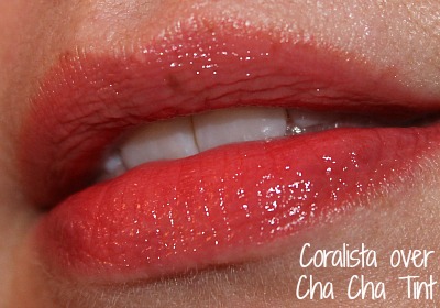 Benefit Coralista lip gloss over Cha Cha Tint
