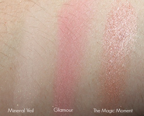 BareMinerals Brightening Pearl Perfect Light Mineral Veil Powder, Glamour Blush and Ready Luminizer in The Magic Moment Swatches
