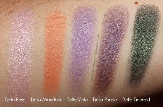 Milani Bella Eyes Eyeshadow Swatches: Bella Rose, Bella Mandarin, Bella Violet, Bella Purple and Bella Emerald