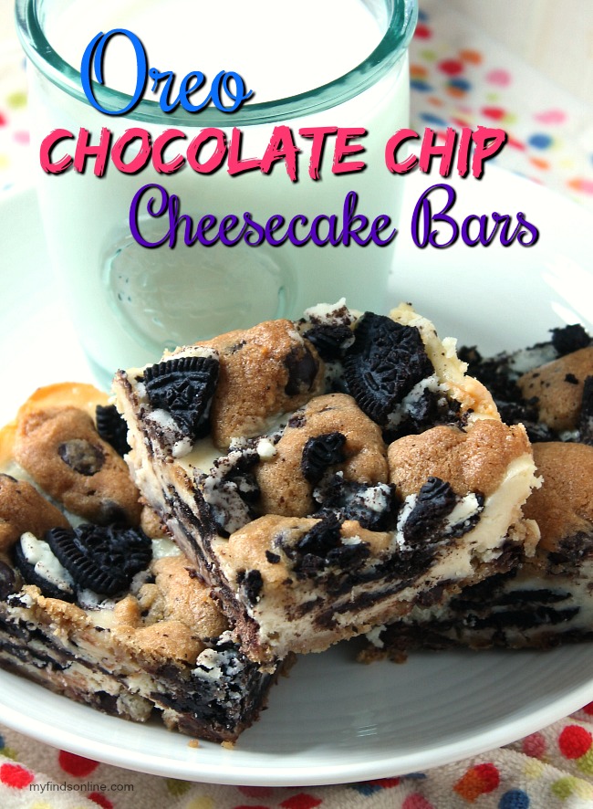 Oreo Chocolate Chip Cheesecake Bars - myfindsonline.com