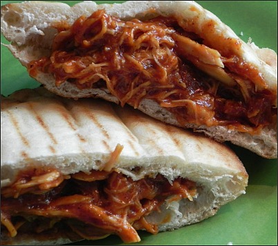 Super Simple Tangy BBQ Shredded Chicken Pitas