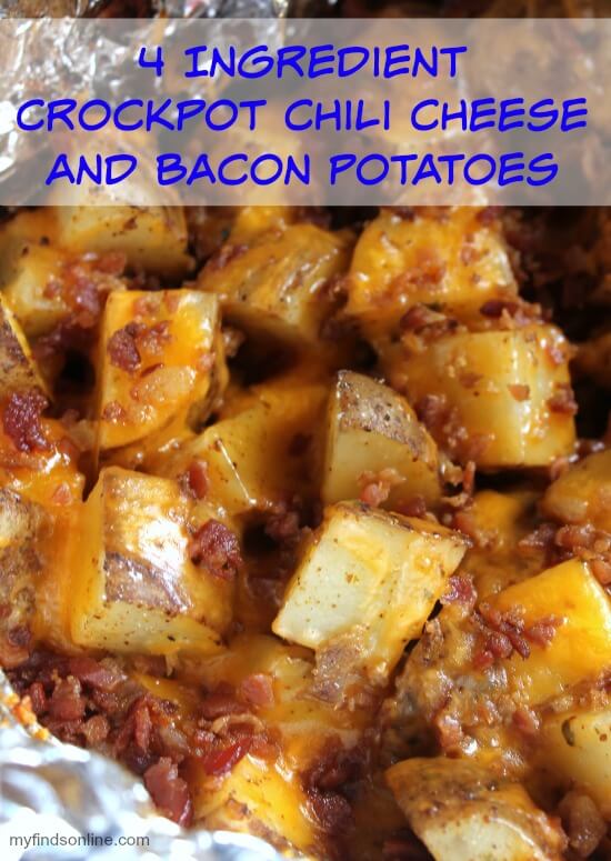 4 Ingredient Crockpot Chili Cheese and Bacon Potatoes / myfindsonline.com